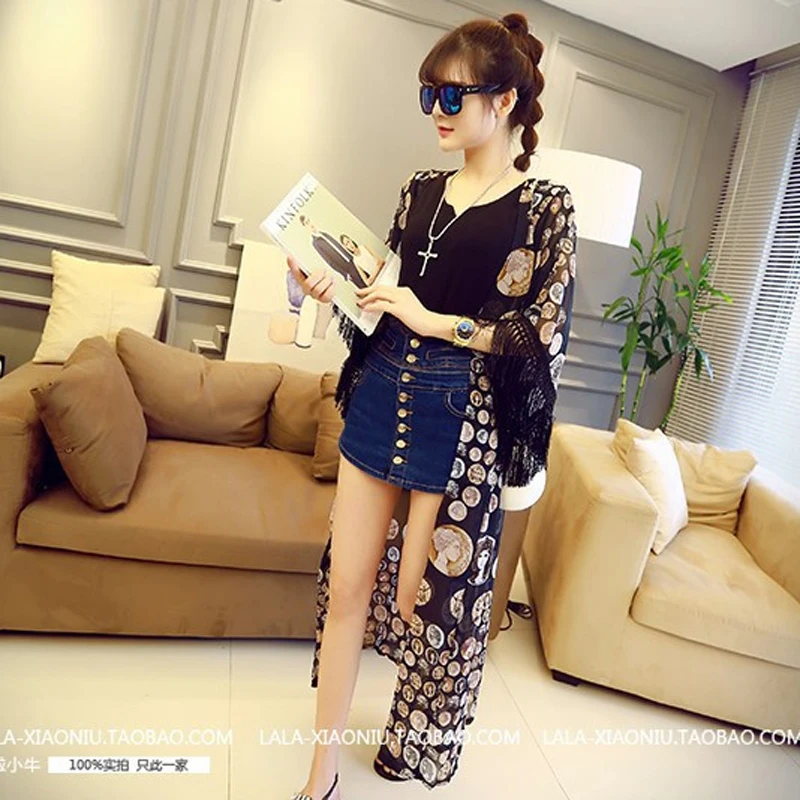 

TDFunlive Fashion beach swimsuit cover up Sexy Women tassels cardigan Swimwear Bathing Suit floral Long Chiffon Shirt Loose Tops