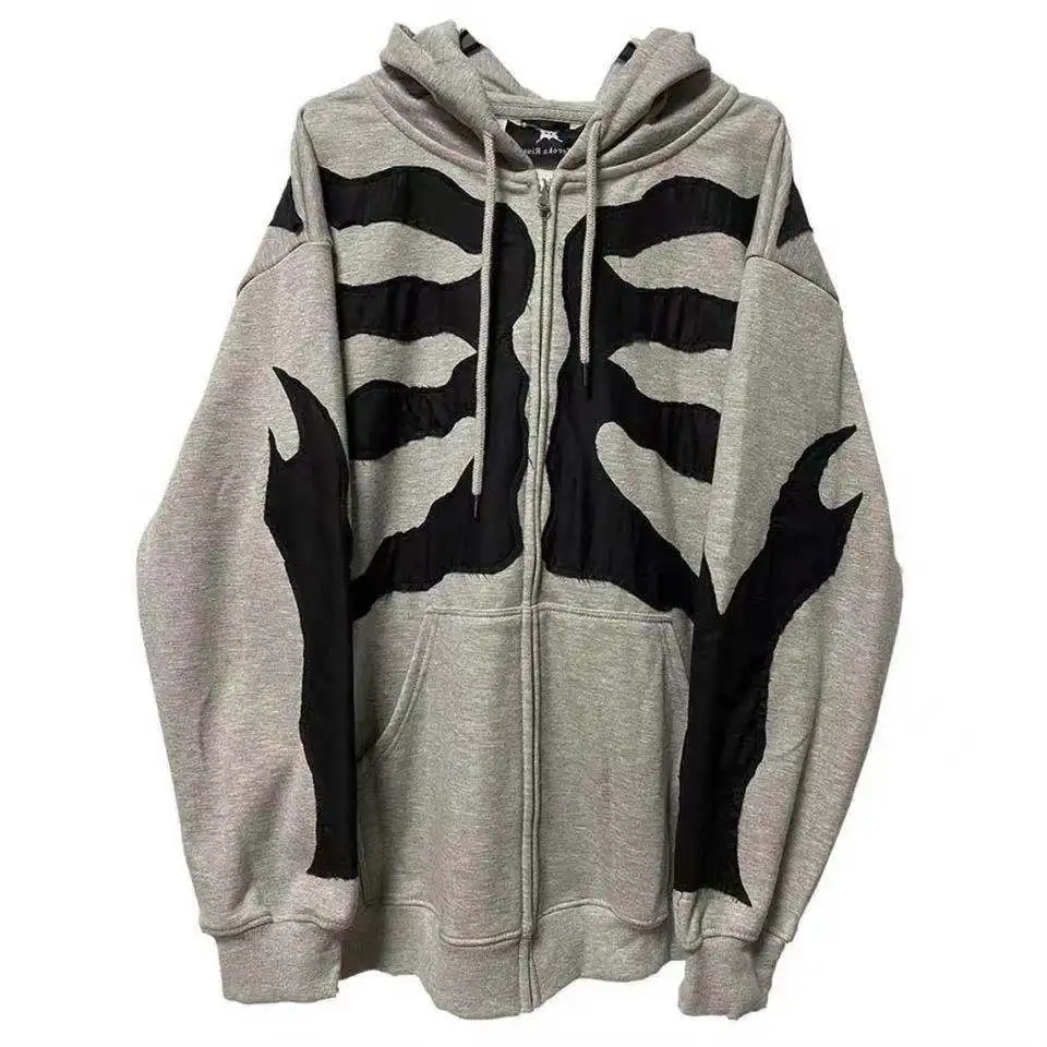 

Harajuku Anime Gothic Solid Color Retro Zip-up Y2K Hoodies Korean Style Loose Skull Print Goth Grunge Long-sleeved Hooded Coat