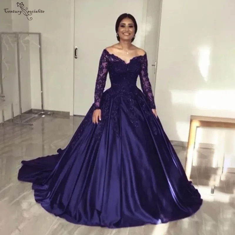 Темно-синее атласное платье Quinceanera с Длинным Рукавом Кружевная аппликация