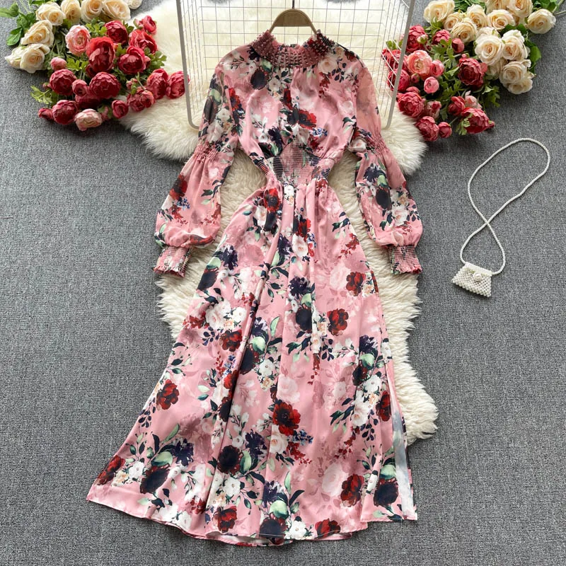 

New 2021 Women Retro Print Chiffon Beach Dress Fashion Spring Puff Sleeve Long Maxi Boho Casual Holiday Dresses
