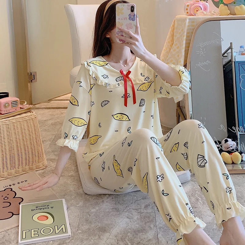 Женская летняя кружевная Пижама с изображением ЛИМОННЫХ ломтиков брюки рукавом