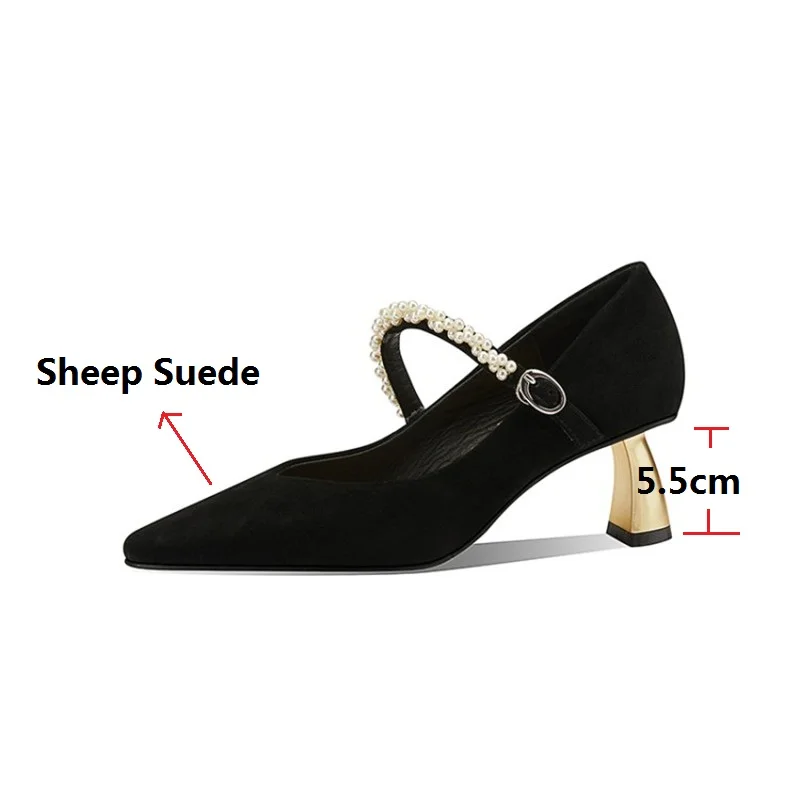

LeShion Of Chanmeb Luxury Brand Shoes Women Genuine Leather Mary Janes Pumps Pearls Strap Buckled Wedding Party Shoes Gold Heels
