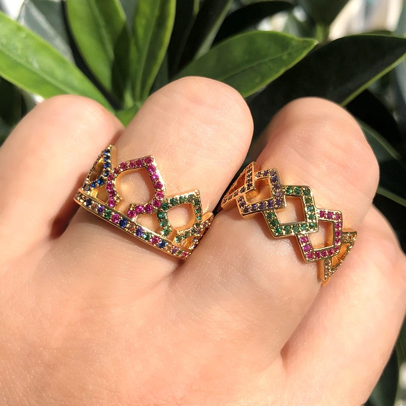 

Multi Color geometry Rings for women full pave colorful Cubic Zircons stone Rainbow Bridal Finger Ring Jewelry 2019 size 6,7,8,9