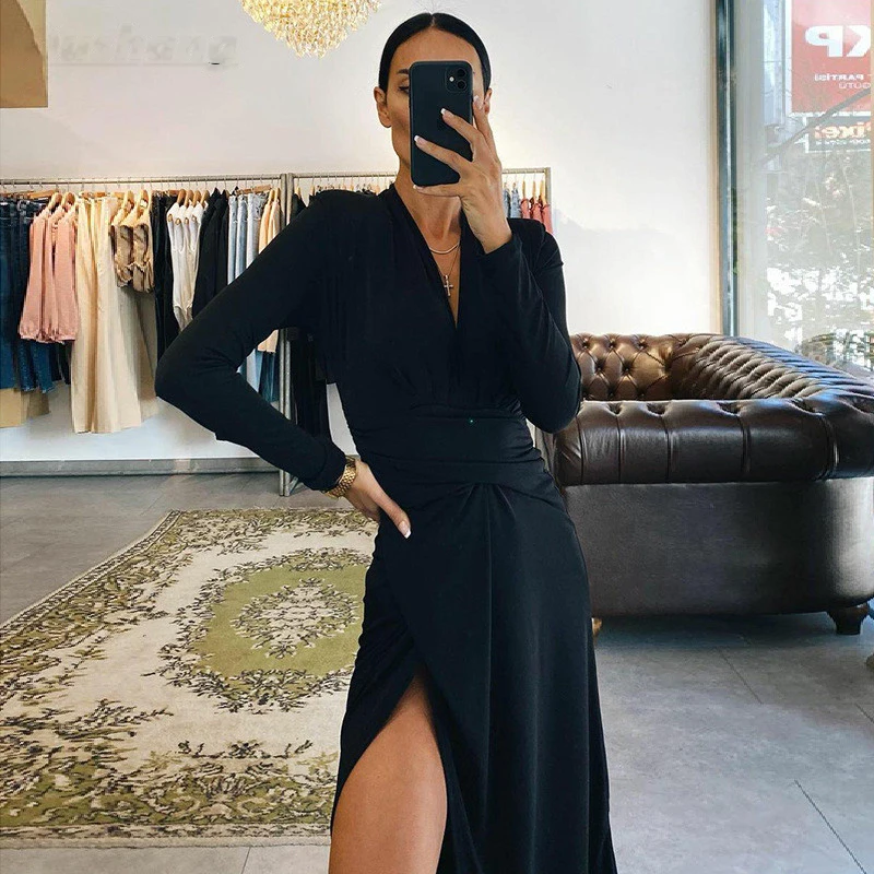 

Black Elegant Slit Dress for Women 2021 Autumn Long Sleeve Sheath Wrap Birthday Party Dresses Ruched Outfits Fashion Prom Cloth
