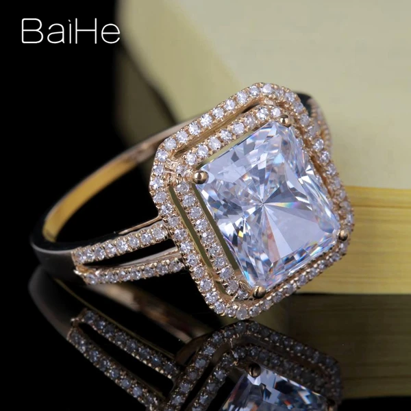 BAIHE Твердые 14 к желтое золото 5.9CT сертифицированные, подлинные AAA класс кубического циркония Подушка обручальное кольцо для женщин роскошный модный подарок кольцо