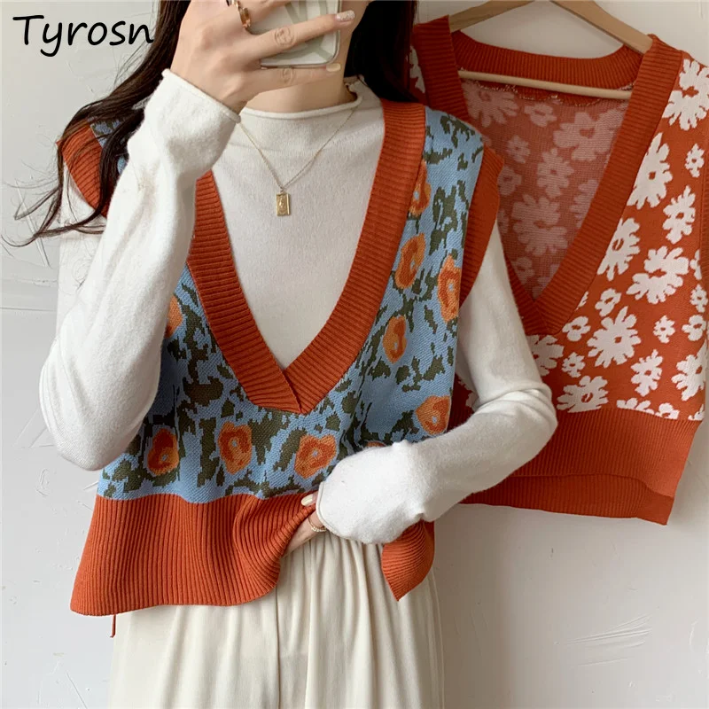 

Sweater Vest Women Short Style Tops V-neck Floral Vintage Loose Chic Korean Fashion Temperament Spring Simple All-match Female
