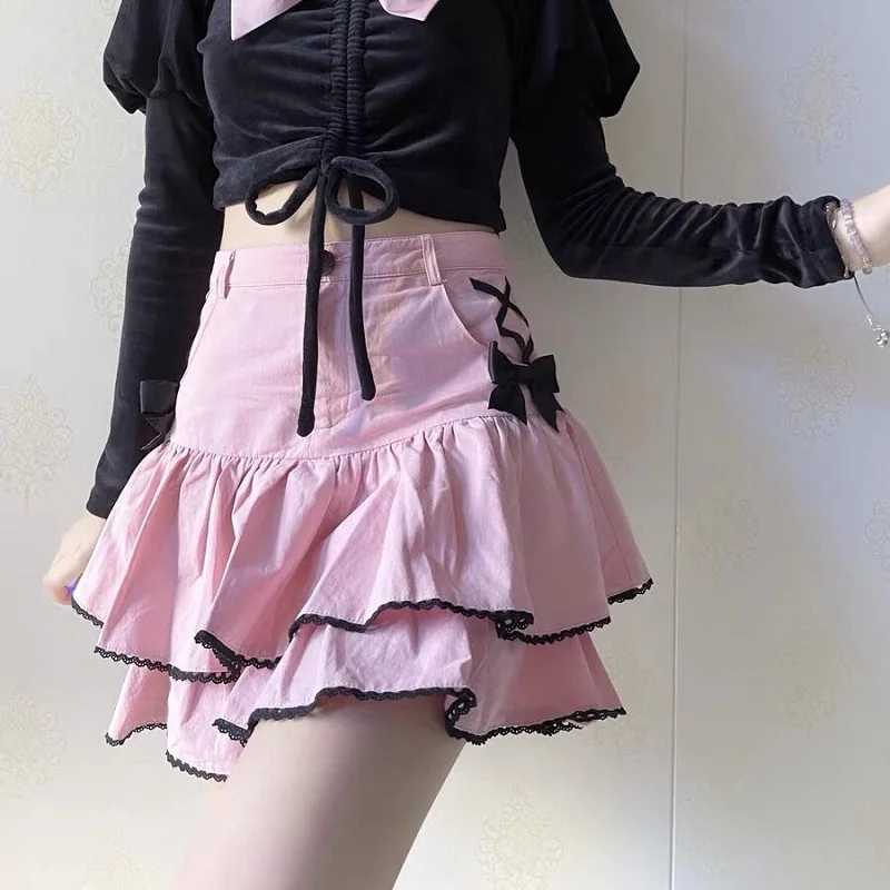 

female ulzzang Harajuku cute high waist ruffle lace skirt fashion y2k sexy mini skirt Japanese preppy style sweet puff skirt