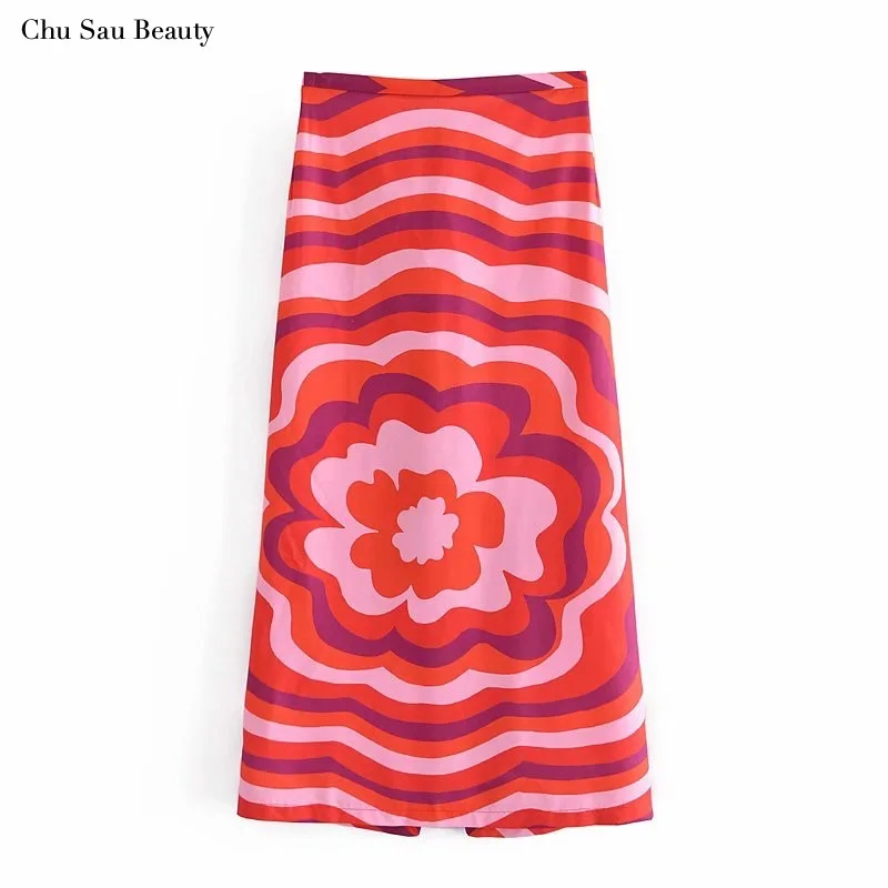 

Chu Sau Beauty 2021 New Style Women's Linen Printed Skirt, Fashionable Big Flower Skirt, Mid-Length Skirt With Slit Hem