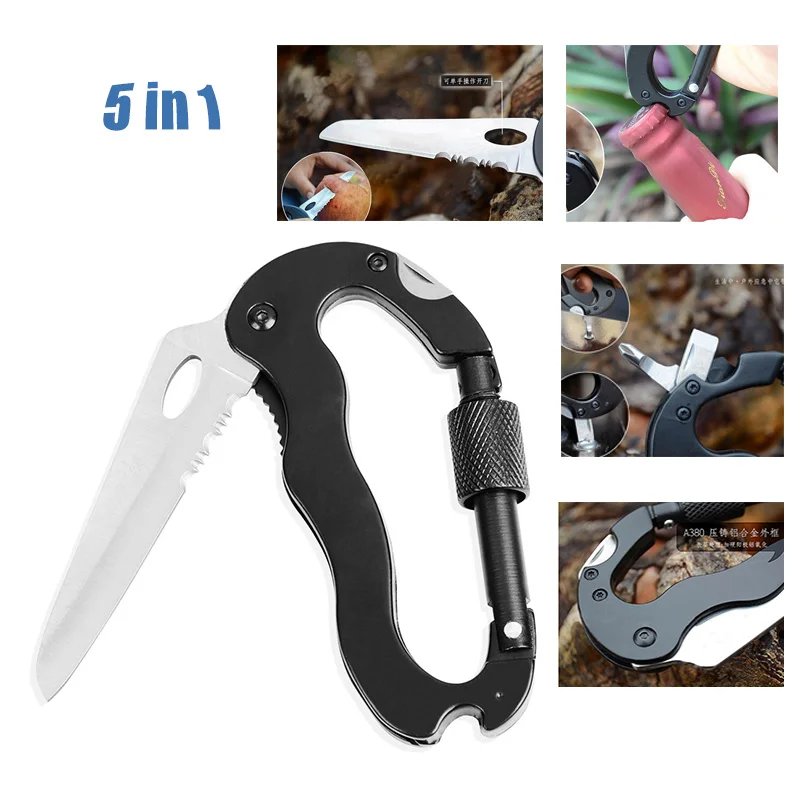 

Outdoor Multi-Function Edc Tool 5 In 1 with Knife Screwdriver Aluminum Climbing Carabiner Hook Gear Multi Tool Buckle Rock Lock