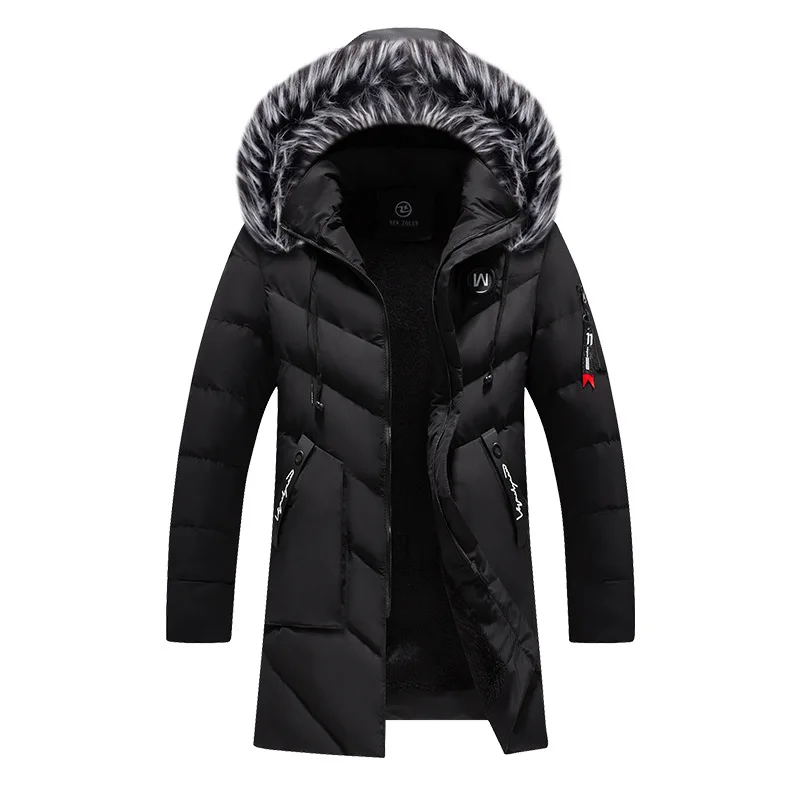Fashion Men Parkas Casual Solid Color Zipper Youth Thick Black Coat Winter Jacket Men With Fur Trim Hood Cotton-padded Coats
