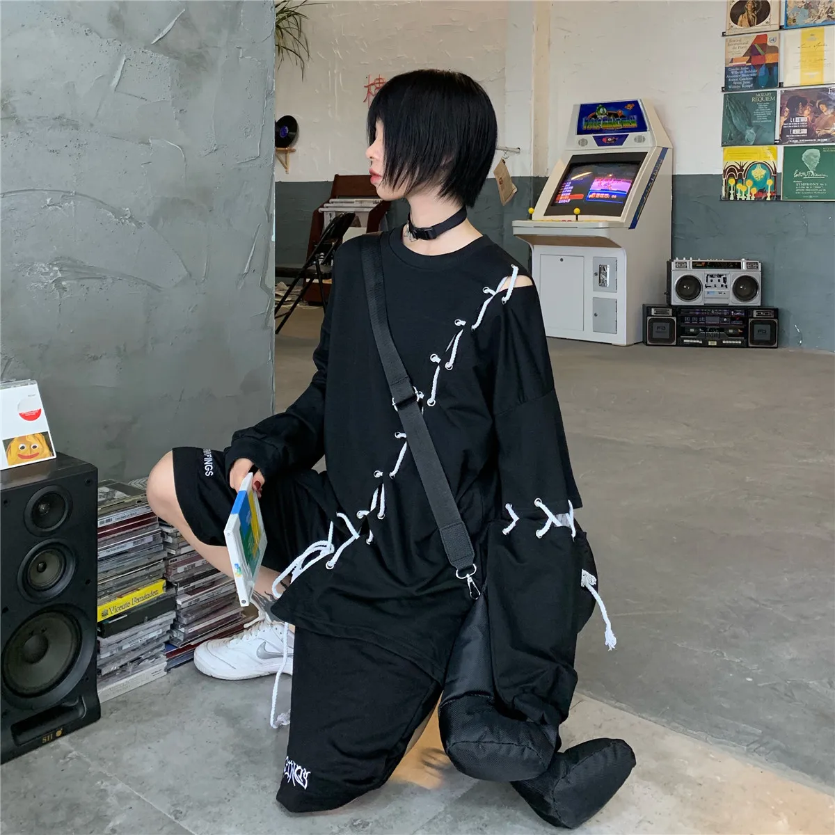 Yoji Темный ветер ins супер огонь Высокая уличная хип хоп личность diy привязанная полоса пропускания Свободный Длинный Рукав Толстовка для мужчин и женщин WGWY88