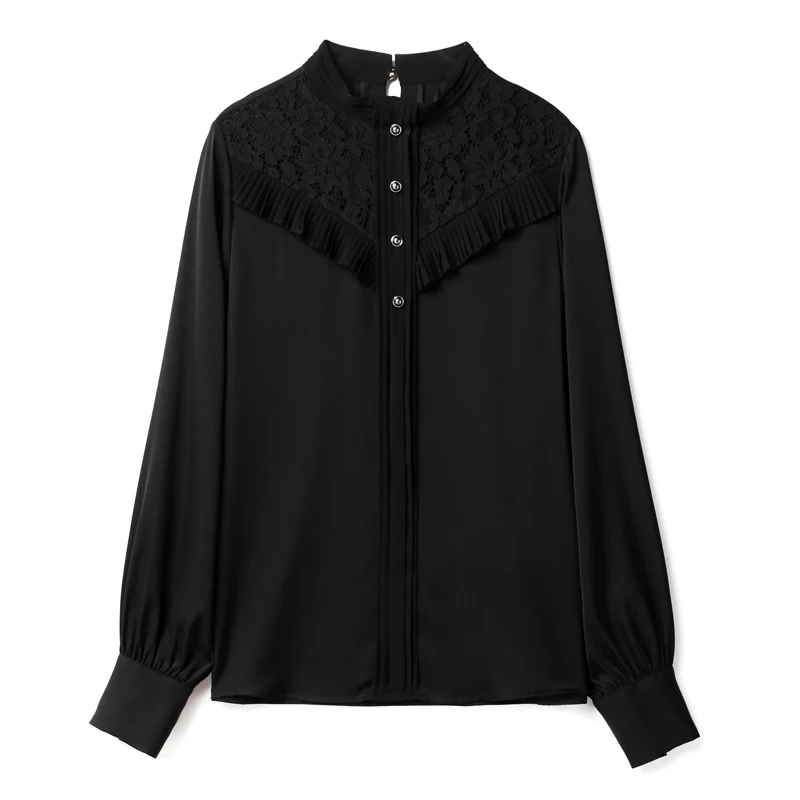 

97% Silk 3% Spandex Women's Shirt O Neck Long Sleeves Ruffles Lace Patchwork Fashion Blouse Tops