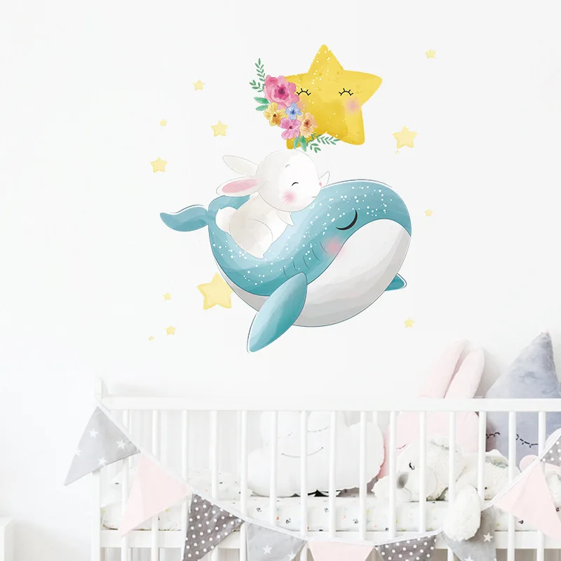 Купи Cartoon Whale Bunny Wall Sticker For Child Kids Room Home Decoration Wallpaper Bedroom Decor Mural Cute Animals Nursery Stickers за 240 рублей в магазине AliExpress