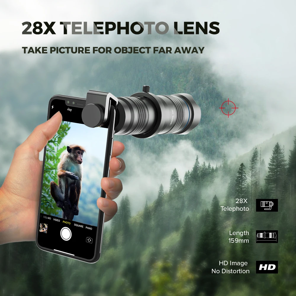 Фото Оптический Объектив APEXEL для камеры телефона HD 28X, телеобъектив с зумом, Монокуляр с мини-штативом для селфи, для всех смартфонов Huawei, Xiaomi №2