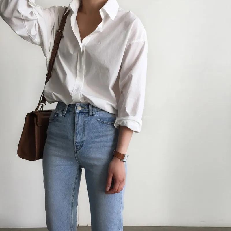 

2020 New Spring Autumn Korean Style Loose Women's Shirt Blouse Tops Chic Long Sleeve Turn-Down Collar Elegant Blouses