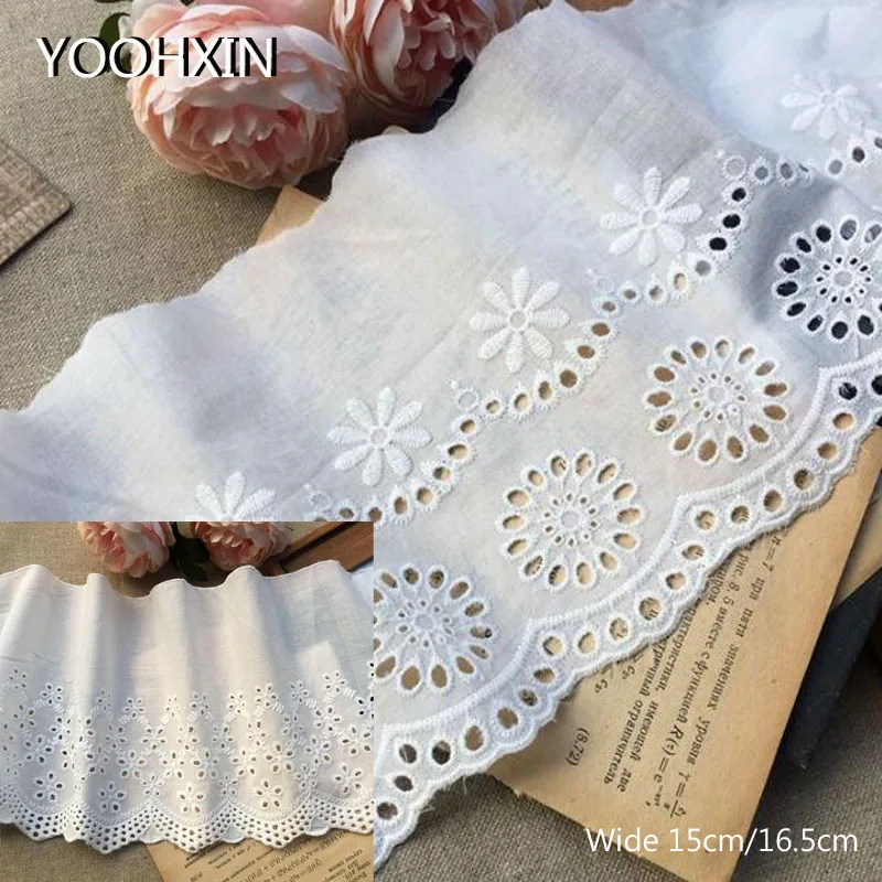 

Luxury white cotton embroidery flower lace collar Fabric Sewing Applique DIY ribbon trim Wide guipure cloth dress wedding decor