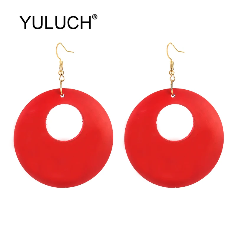 YULUCH Pop Lady Long Dangle Earrings Femme Fashion Jewelry Purple Red Blue Hollow Round Natural Wooden Big Pendant Earrings