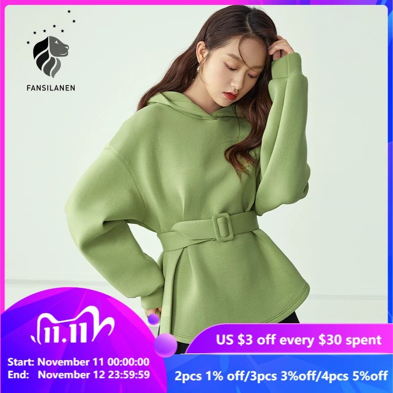 

FANSILANEN Casual Streetwear Green Hoodie Sweatshirt Women Belt Black Oversized Hoodies Top Female Long Sleeve Winter Sweatshirt