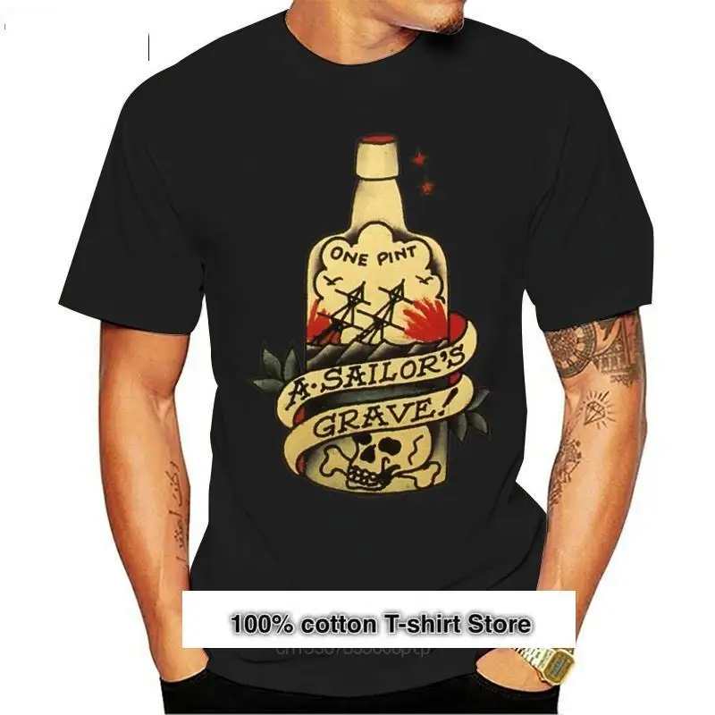 

Camiseta de algodón para hombres, camisa negra ajustada de Sailor Jerry, tatuaje, Grave, ron, botella, S 2xl, verano, 2021