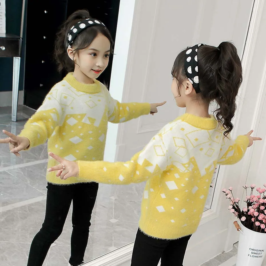 Свитер для девочек модный детский свитер с геометрическим рисунком толстый