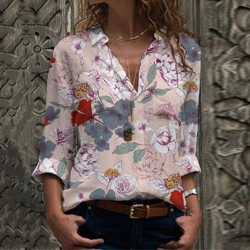 

Ladies Elegant Long Sleeves Shirt Women Fashion Printed Floral Blouse Women Slim V-Neck Blouse For Female New Autumn Tops