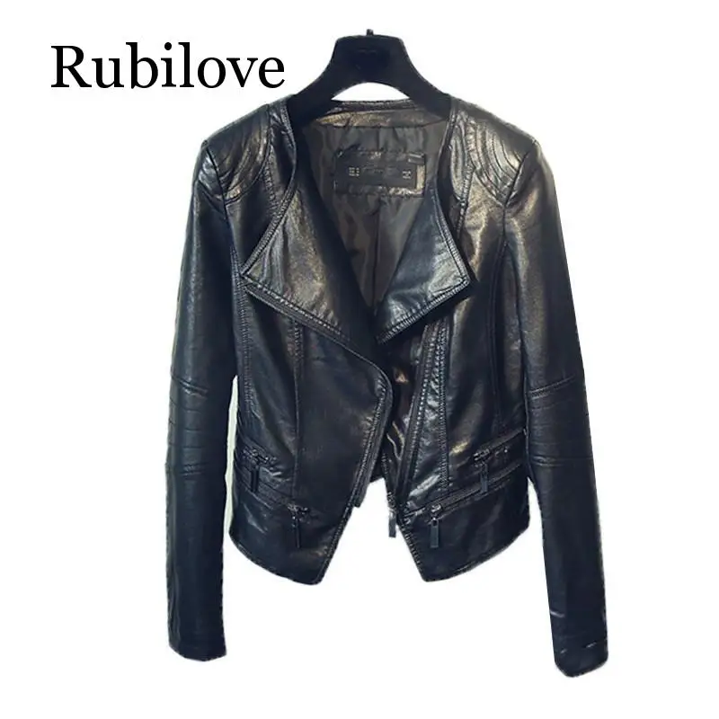 

Женская мотоциклетная кожаная куртка Rubilove, черная приталенная байкерская куртка с отложным воротником на молнии для весны и осени
