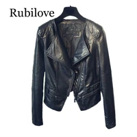 rubilove spring autumn ladies motorcycle leather jackets women turn down collar zipper slim black moto biker jacket female