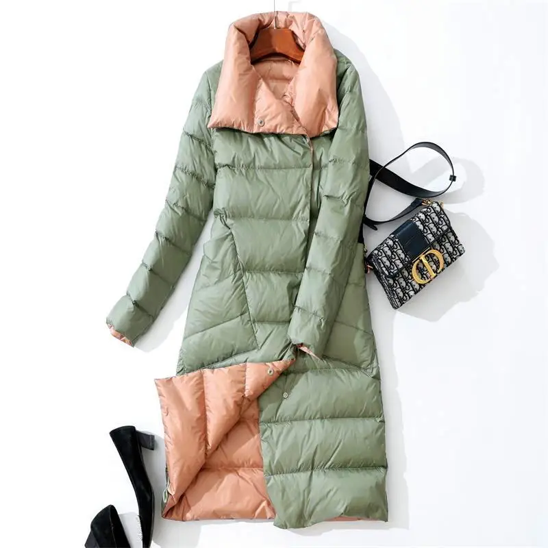 

Women Double Sided Down Long Jacket Winter Turtleneck Fashion Light Thin Slim Down Coat Double Breasted Parkas Warm Snow Outwear