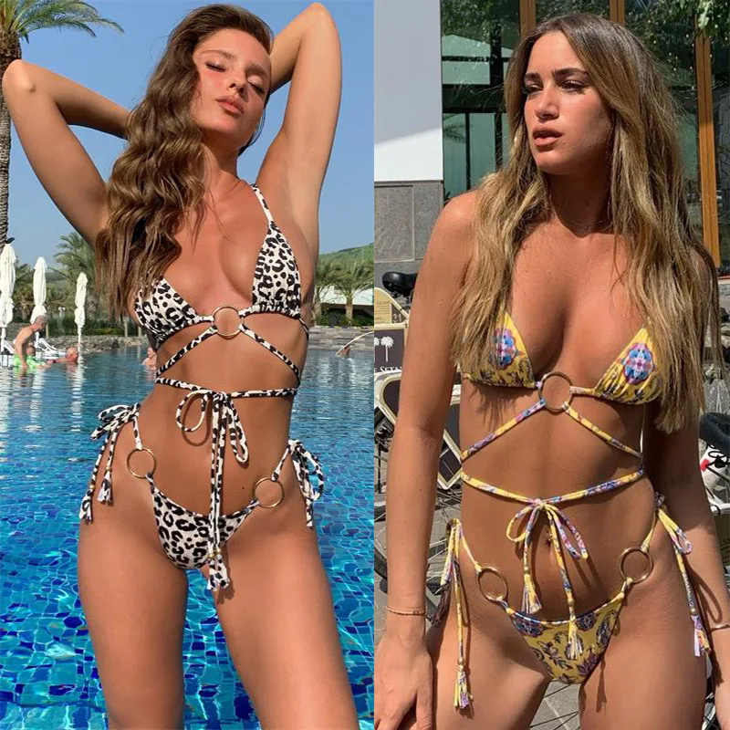 

2021 Leopard Print Triangle Micro Bikini Set Thong Womens Lace-up Swimsuit Sexy Beachwear