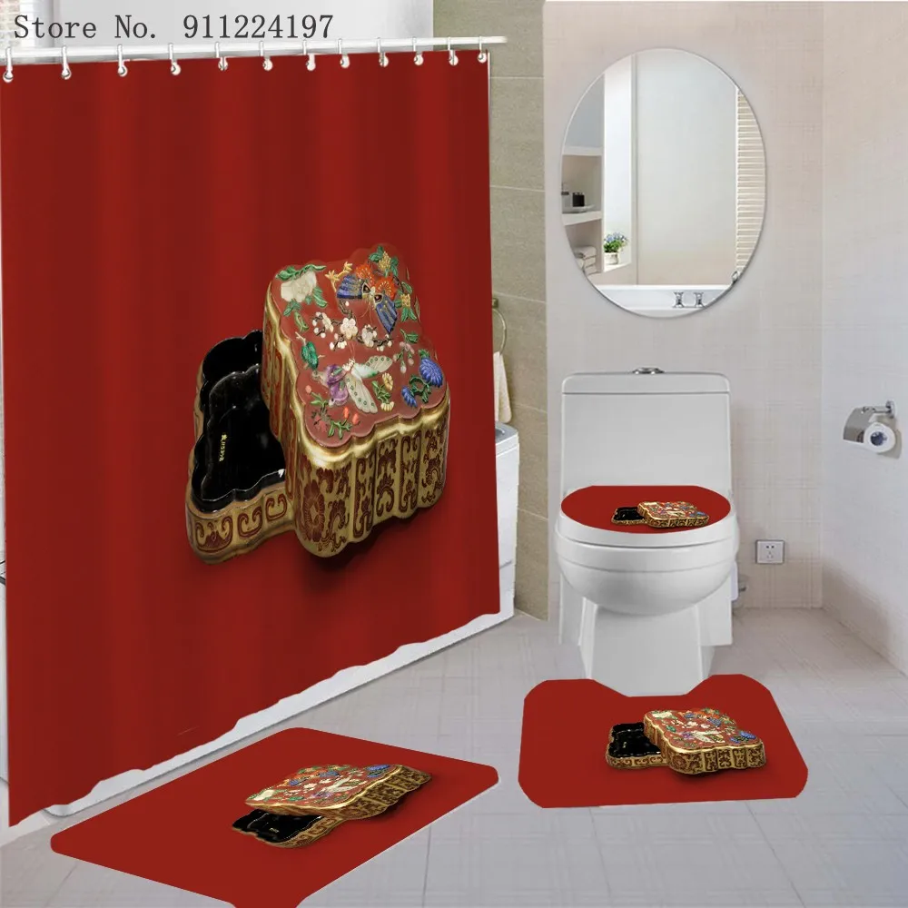

3D Antique Blue And White Porcelain Bath Curtain Toilet Lid Cover Bath Rug Mat Sets 4 Piece Waterproof Shower Curtain With Hooks