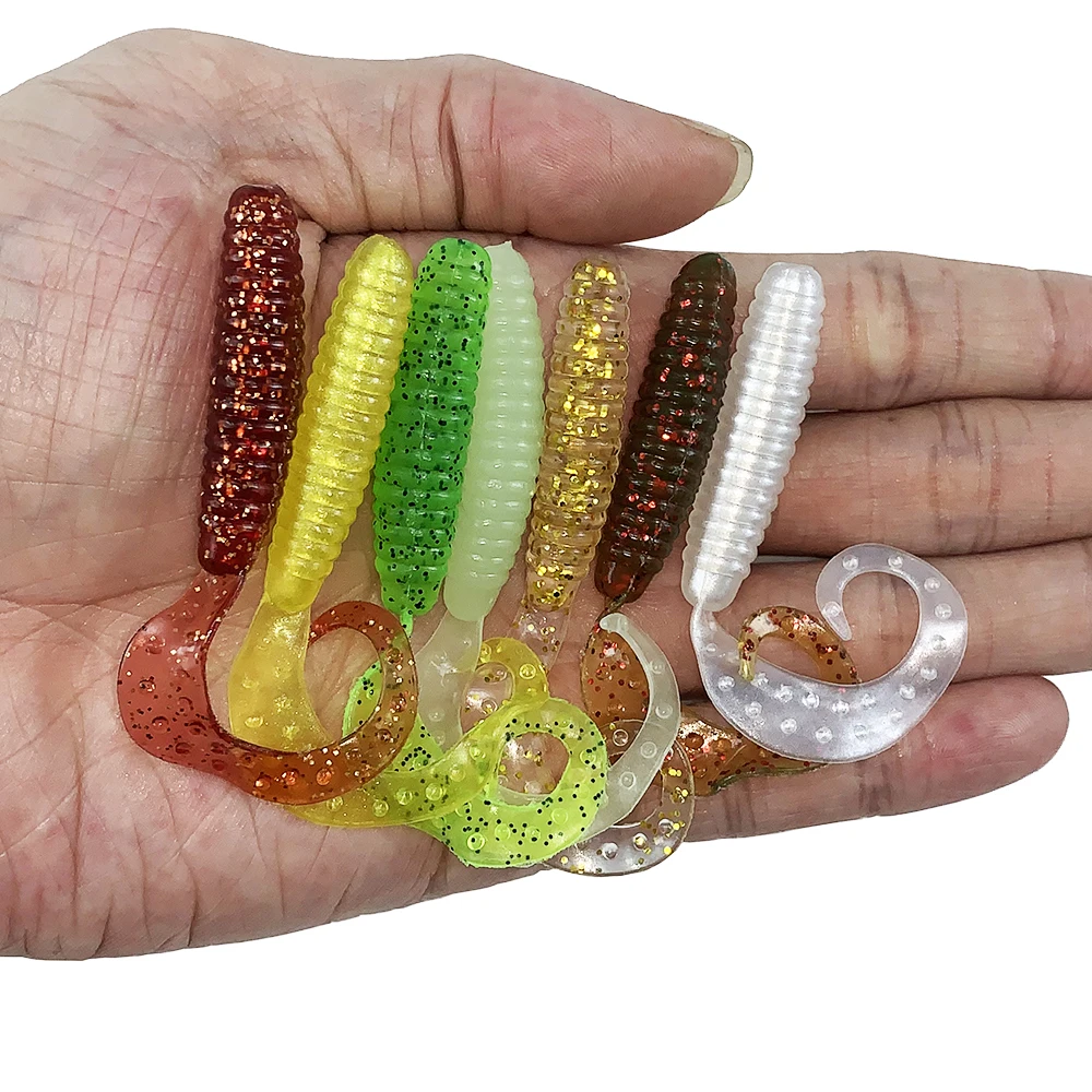 

10pcs/lot Curl Worm Soft Bait Jig Wobbler Artificial Rubber Bass pesca Fishing Lure Long Tail JIGHEAD Grub Swimbait 65mm 2.4g