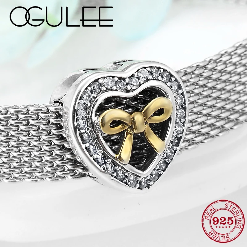 Женский браслет из стерлингового серебра 925 пробы с золотым бантом и сердечком