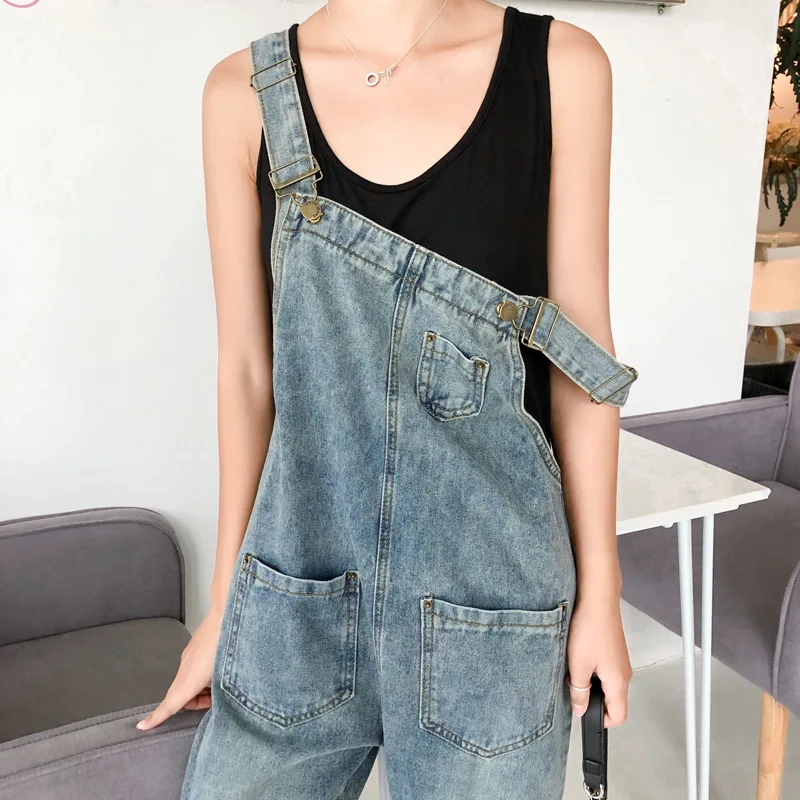 Women Oversized Denim Jumpsuit Autumn Jeans Overalls Plus Size Bib Solid Pockets Rompers Vintage Dungarees Blue Basic Jean Pants