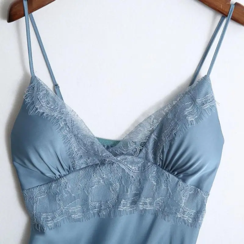 

Full Slip Lace Nightgown Satin Women Sexy Sleepwear Spaghetti Strap Nightdress V-Neck Home Dressing Gown Summer Loungewear