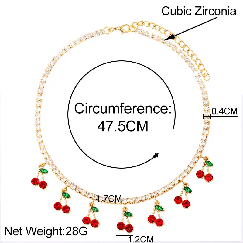 

2021 Crystal Cherry Pendant CZ Choker Necklaces Women Wedding Accessories Gold Silver Color Tennis Chain Hip Hop Jewelry Collier