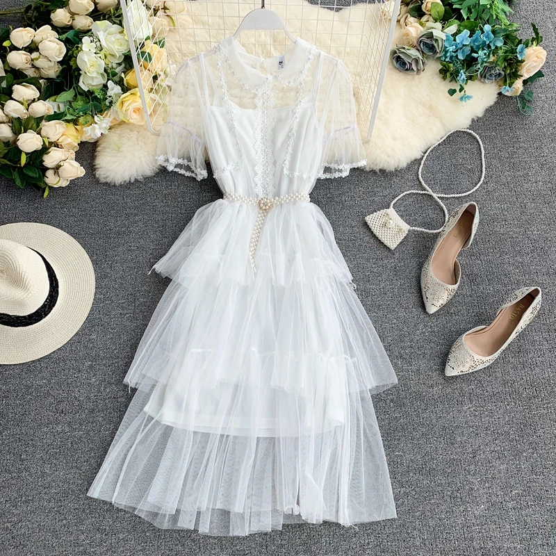Little fairy design sense dress female summer doll collar beaded short-sleeved layered ruffled cake mesh | Женская одежда