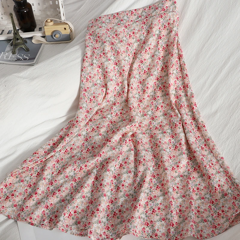 

Vintage Floral Print Elegant Chiffon Long Skirts 2021 Summer Autumn Women Korean Elastic High Waist Causal A-line Midi Skirt