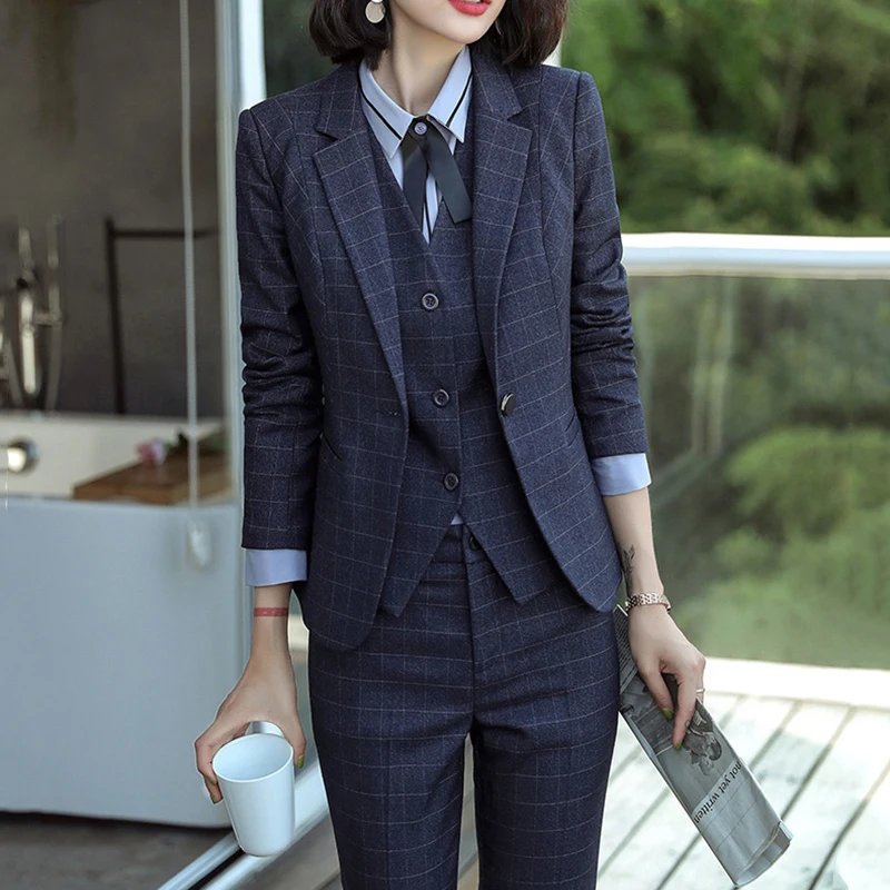 

Women Suits Plaid Blazer Set Office Lady Blazer & Suits Jacket Long Pants Skirt Vest Solid Shirt England Vintage Jakcet Formal