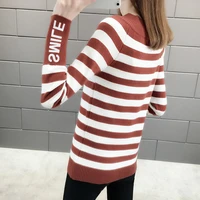 Women s Long Sleeve Bottoming Shirt Spring and Autumn Winter New Korean Slim Stripe round Neck Color Matching Knitted Sweater W