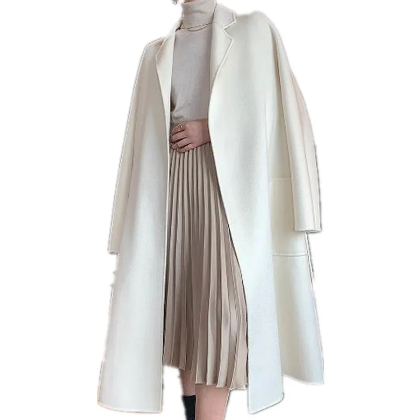 

White water ripples winter double faced cashmere overcoat women fashion belted x-long wool blends outwear