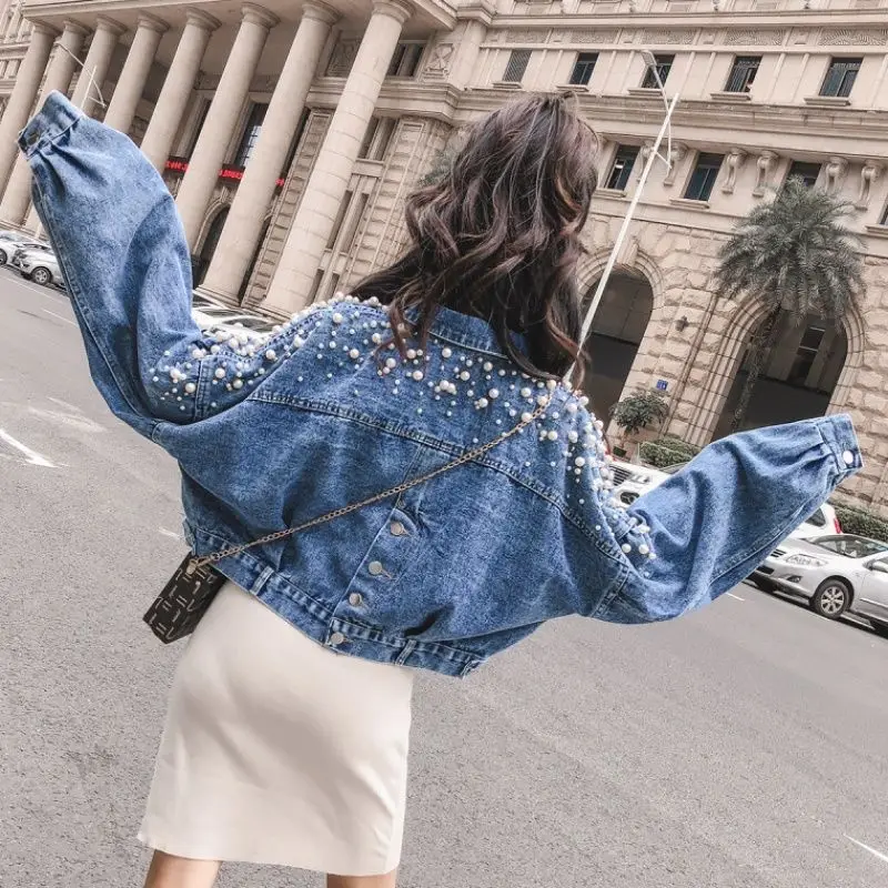 Beading Jean Denim Short Jackets For Women Loose Chaqueta Mujer Office Coat Autumn Flower Female Chaquetas Oversized Outerwear