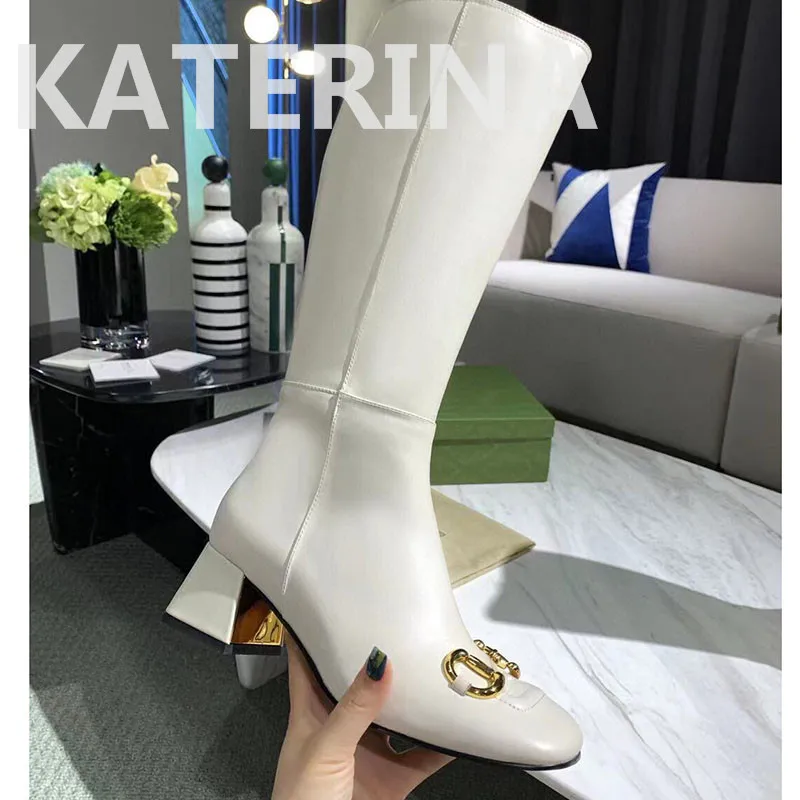 

High Quality Square Toe Real Leather Long Boots Metal Decoration Boots Chelsea Boots Thick-Heel Short Boots Side Zipper Women's