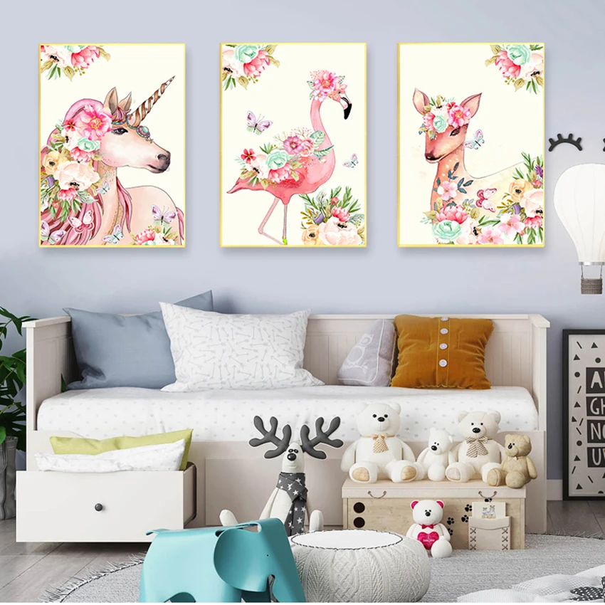 

Nordic Decorative Picture Baby Bedroom Decoration Flower Unicorn Flamingo Canvas Poster Wall Art Nursery Print Canvas Painting
