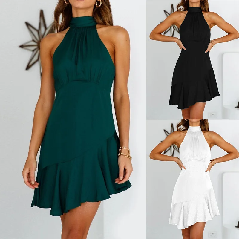 

Пикантное белое мини-платье без рукавов с открытой спиной, женское платье-Пижама, лето 2021, черные элегантные Клубные платья с оборками и бан...