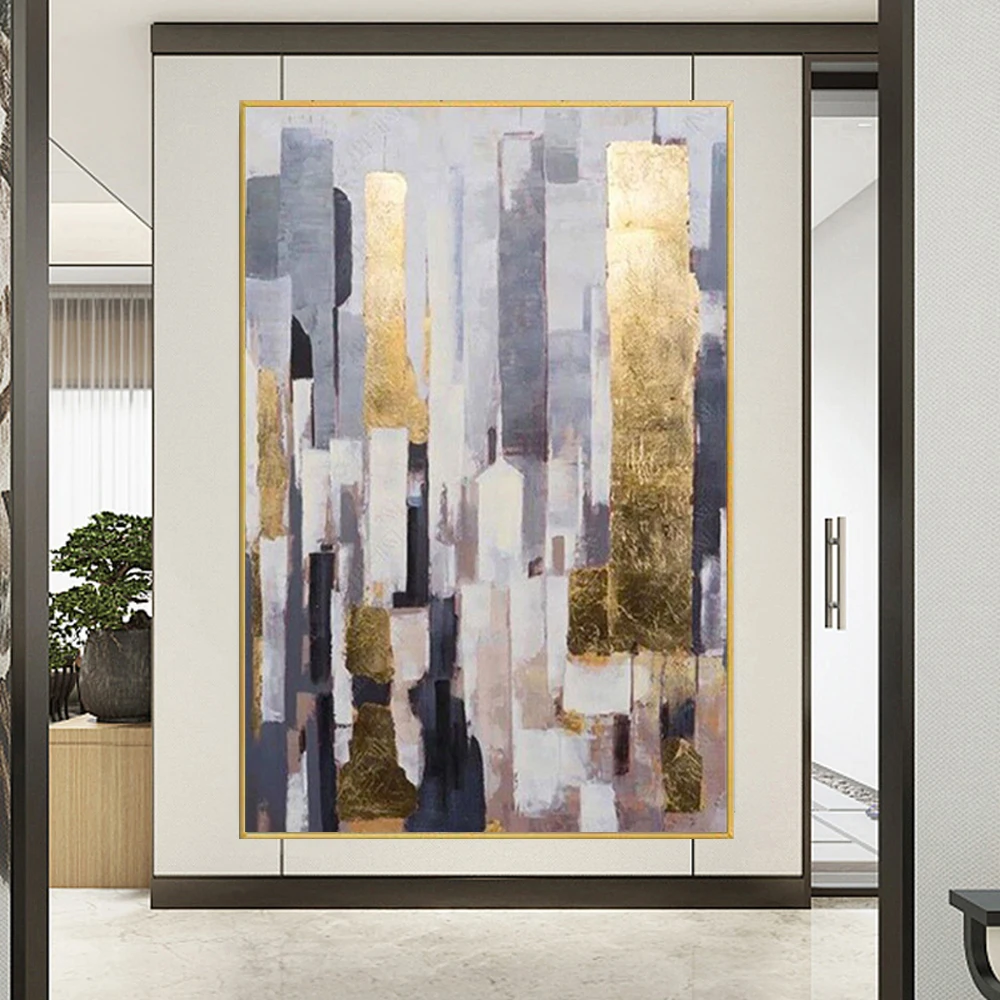 

Современный домашний декор, Настенная картина маслом ручной работы, Золотая фольга, линия, искусство, абстрактный город, картины на холсте с...
