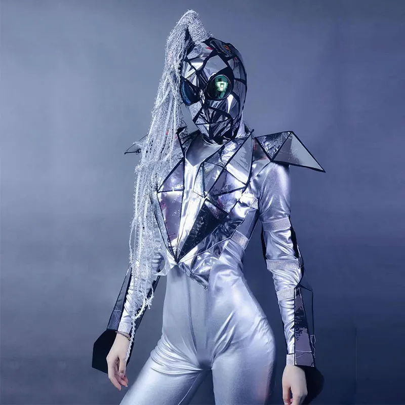 

Future technologySilver mirror costume show stage jumpsuit set soldier men and women gogo dance team party rave costume mask