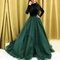 2020 long sleeve muslim evening dress high neck green blue velvet islamic dubai kaftan saudi arabic boho prom dress