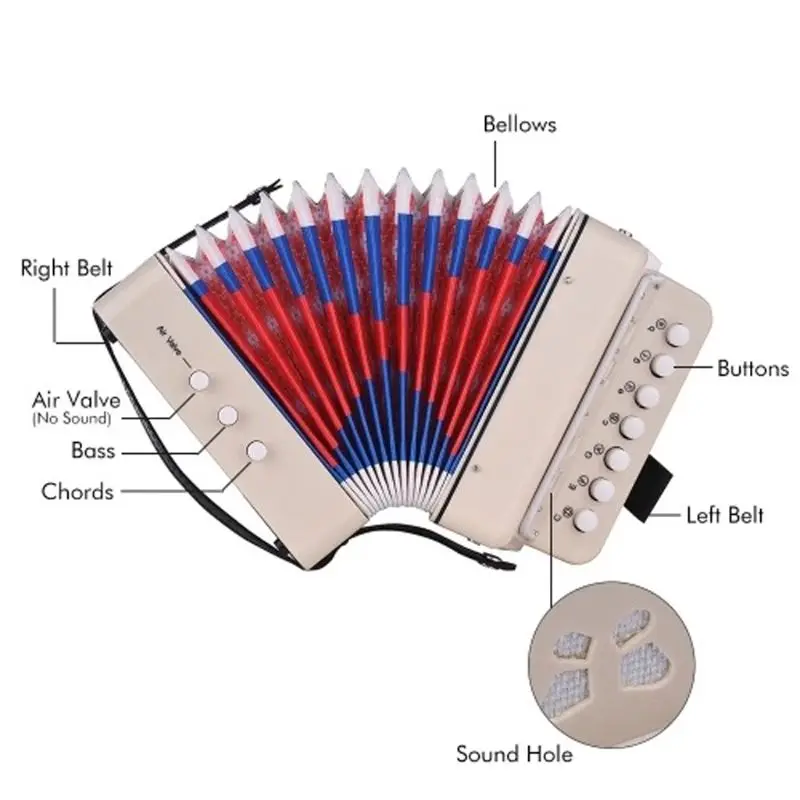 

Childrens Kids' Accordion Keyboard Instruments with 7 Keys, 3 Air Valves, Hand Strap, Early Learning Eduction Instrumen