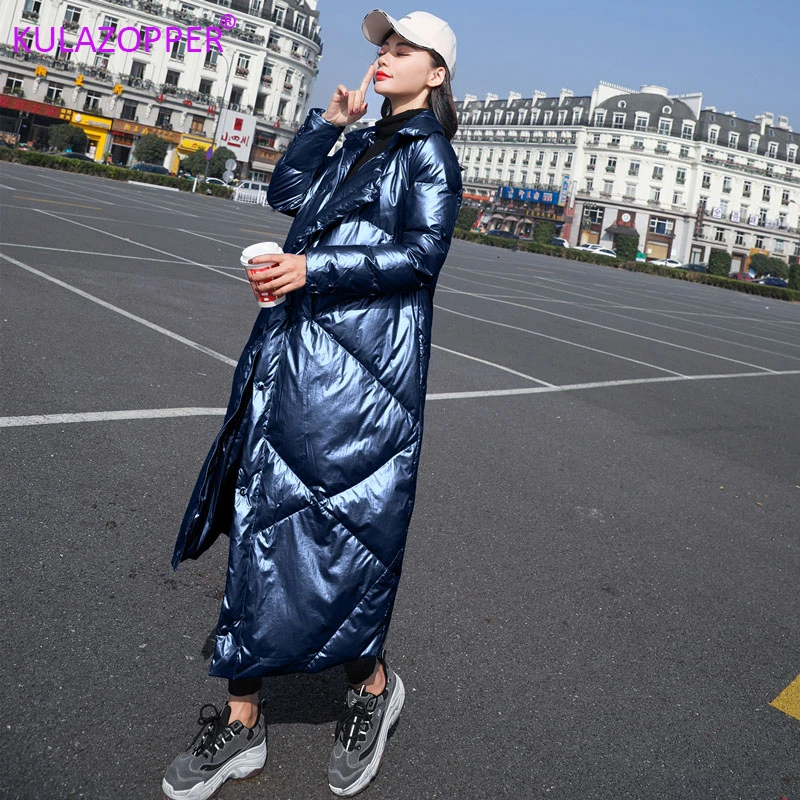 Хит 2019 новая мода женская куртка-пуховик на белом утином пуху блестящая с широкой