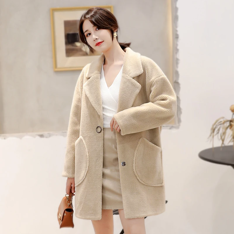 Корейское зимнее шерстяное пальто для женщин с отложным воротником длинным